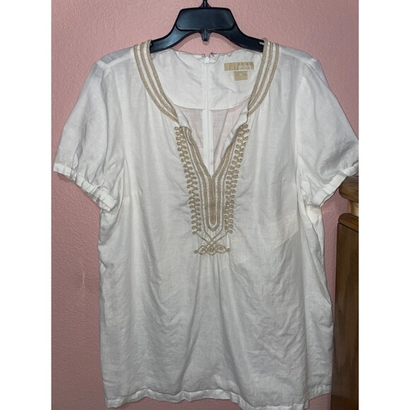 Michael Kors Womens size 16 Linen Embroidered Peasant Short Sleeve Blouse Top - Picture 8 of 11
